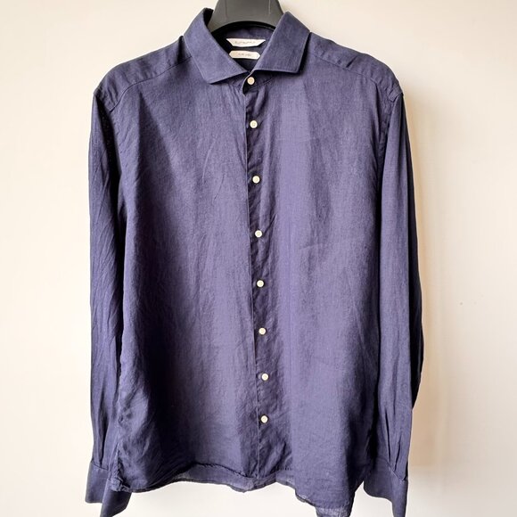 Suitsupply Slim Fit Tessitura Monti Pure Linen Long Sleeve Dress Shirt Navy - Picture 1 of 8